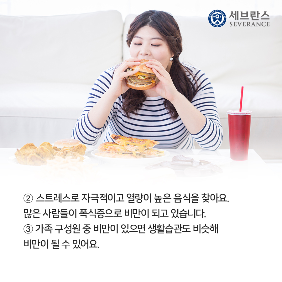 ⓶ 스트레스로 자극적이고 열량이 높은 음식을 찾아요. 많은 사람들이 폭식증으로 비만이 되고 있습니다. 